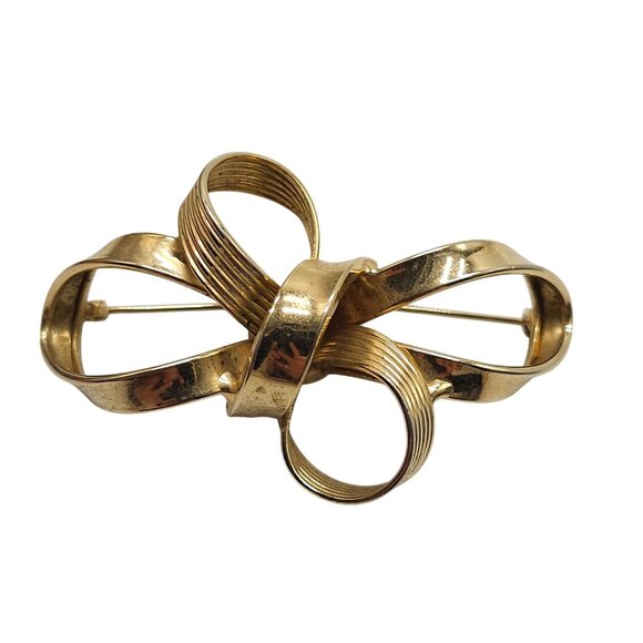 Vintage Gold Tone Brooch Pin Textured Ribbon Large Design - Picture 1 of 4